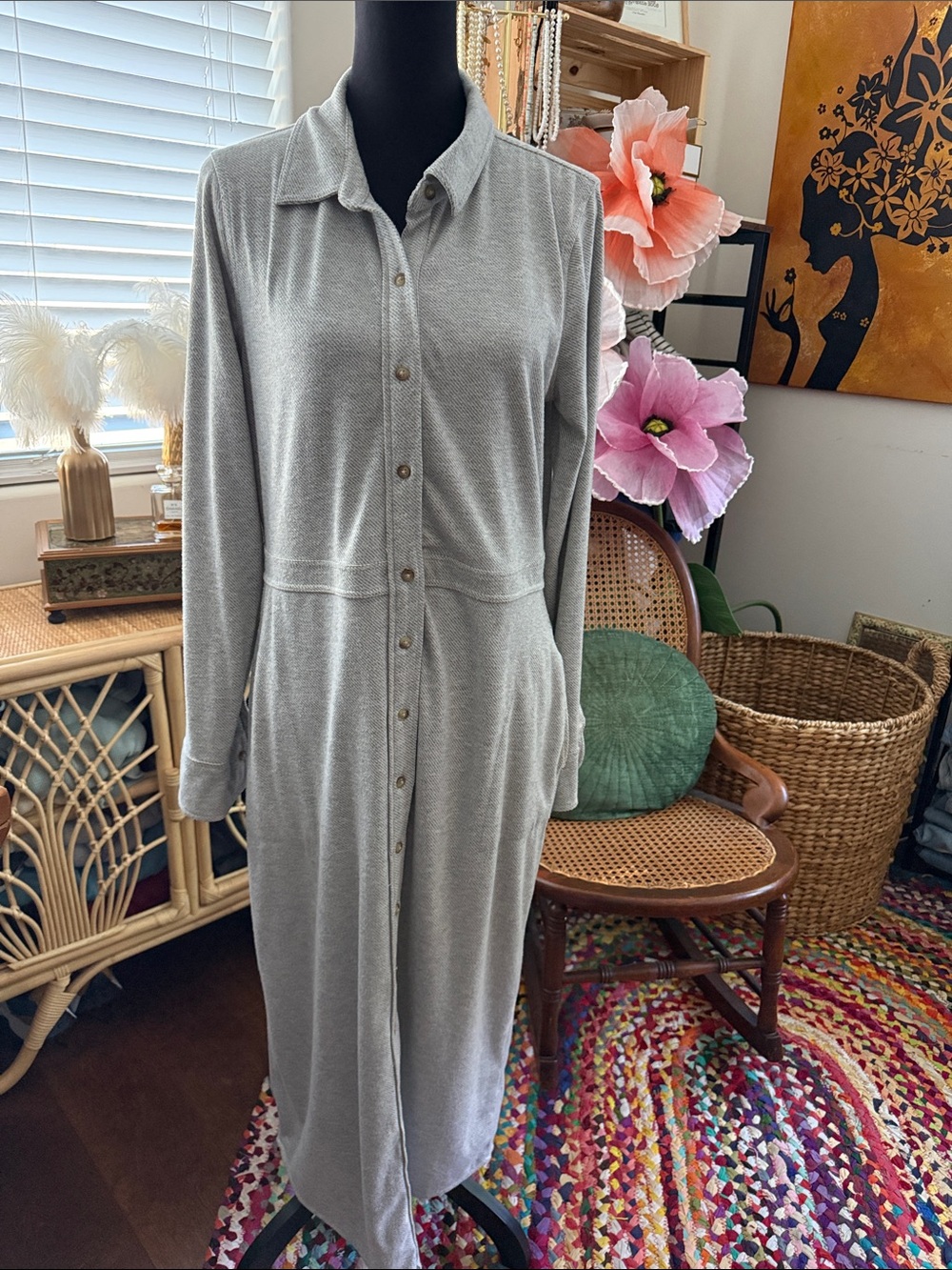 Faherty Heather Gray Legend Long Sleeve Button Up Maxi Shirtdress
